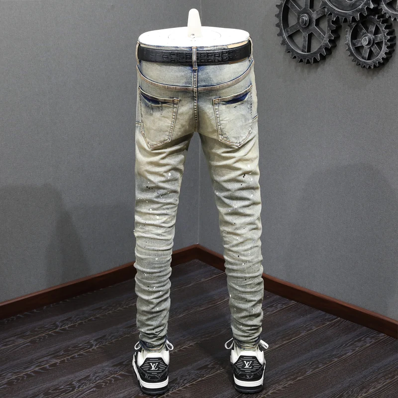High Street Fashion Men Jeans Retro Washed Blue Stretch Skinny Fit Painted Ripped Jeans Men Patched Designer Hip Hop Brand Pants