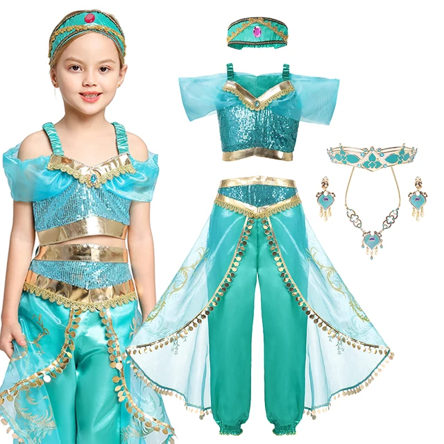 Girls Jasmine Dress Arabian Princess Costume Kids Birthday Party Christmas Fancy Dress Baby Jasmine Cosplay Costume 3-10 Years