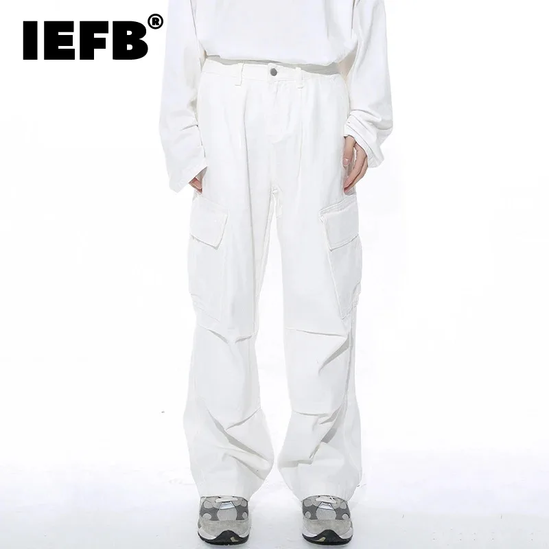 

IEFB Pleated Men's Jeans Niche Design Multi-pocket Solid Color Male Denim Wide Leg Pants New Trendy Men Straight Trousers 9C4379