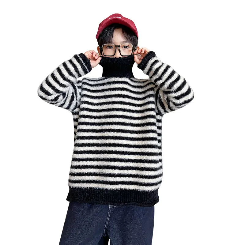 

Korean Boys Striped Turtleneck Sweater Thick Autumn Winter Warm Kids Knitwear Clothes Loose Outerwear Teen Casual Pullover Tops