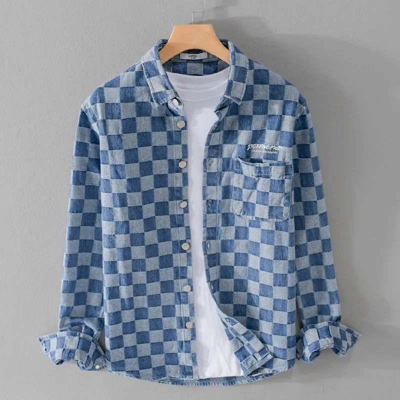 

Men Clothing 2023 Denim Long-sleeved Shirt Men's New Autumn Casual Plaid Japanese Vintage Shirt Trend Versatile Shirt