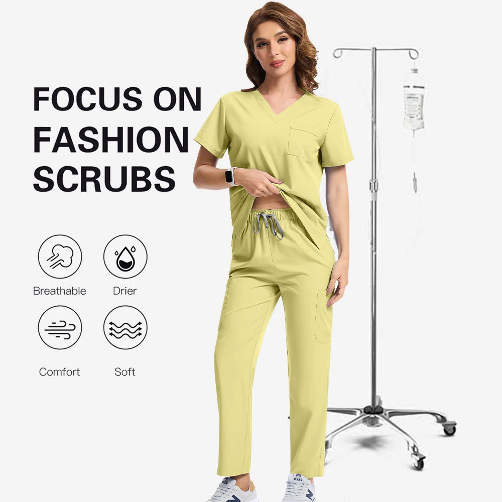 Çok renkli Güzellik Spa Salonu Giysileri Doktor Hemşirelik Üniformaları Tıbbi Scrubs Seti V Yaka Üstleri Pantolon Klinik Hemşire Cerrahi Üniforma
