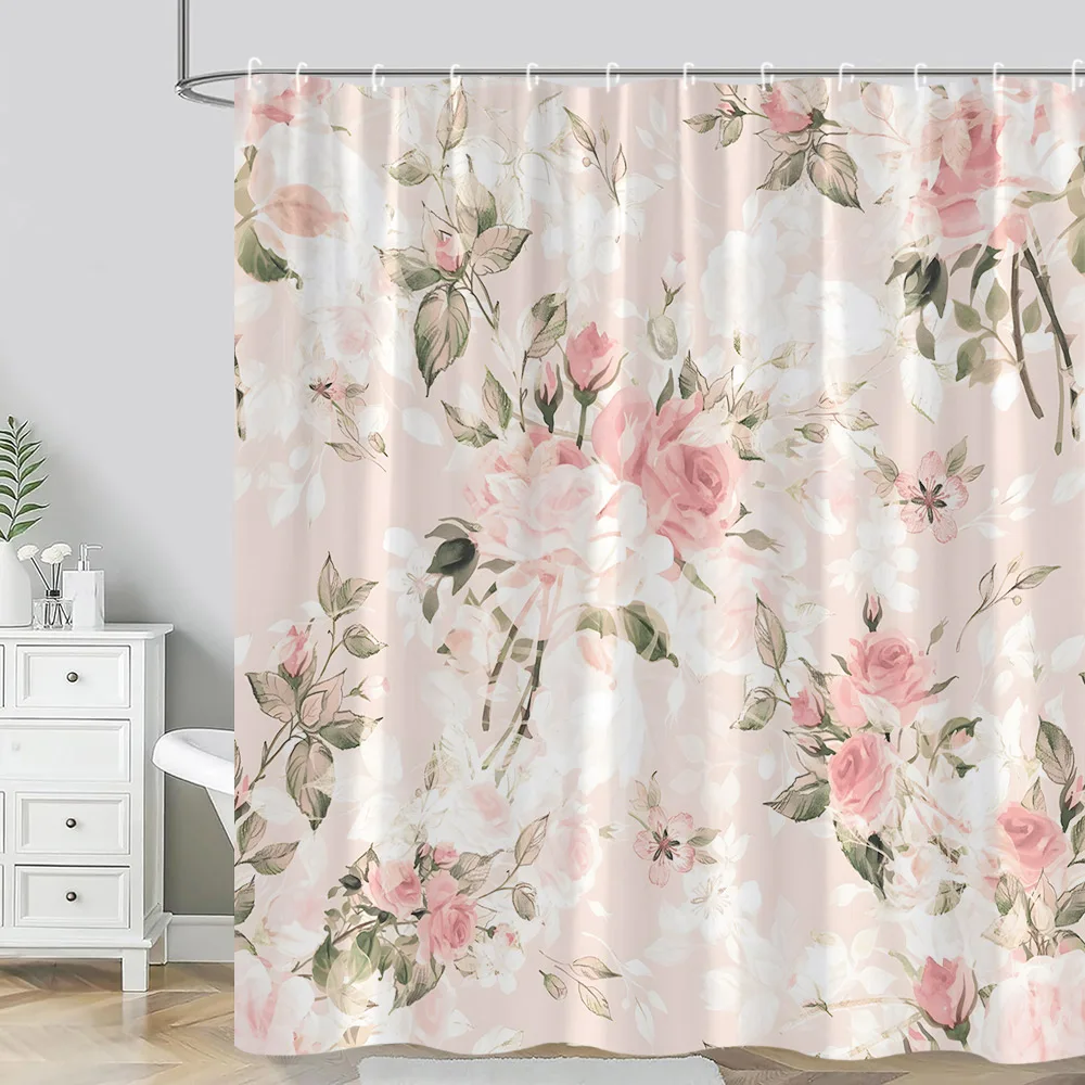 

Floral Shower Curtain, Pink Roses Watercolor Botanical Green Leaves Fashion Farm Modern Polyester Fabric Bathroom Decor Curtains