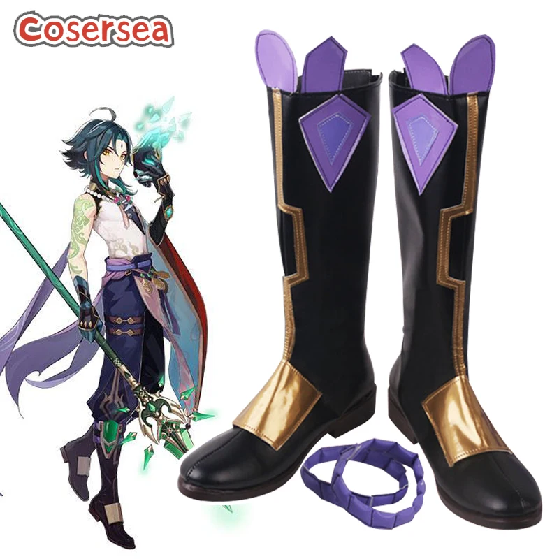 

Cosersea Game Genshin Impact Xiao Cosplay Shoes Female Or Male Flat Black Mixed Purple Women Boot Halloween