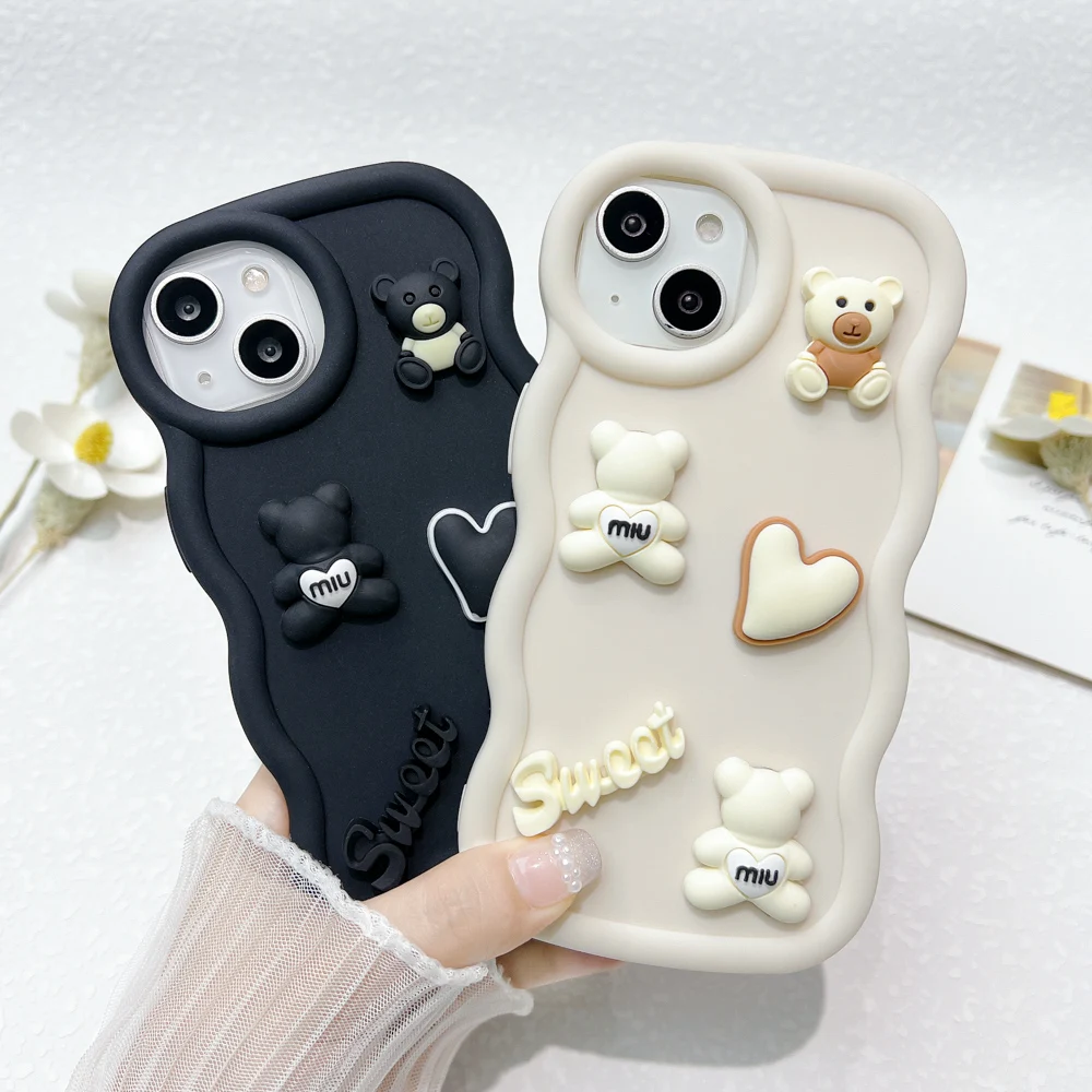 3D DIY Wave Phone Cases For iPhone 15 Case iPhone 13 Pro Max 14 16 11 12 Xs X XR 6 7 8 Plus SE 2022 Korea Cute Bear Soft Cover