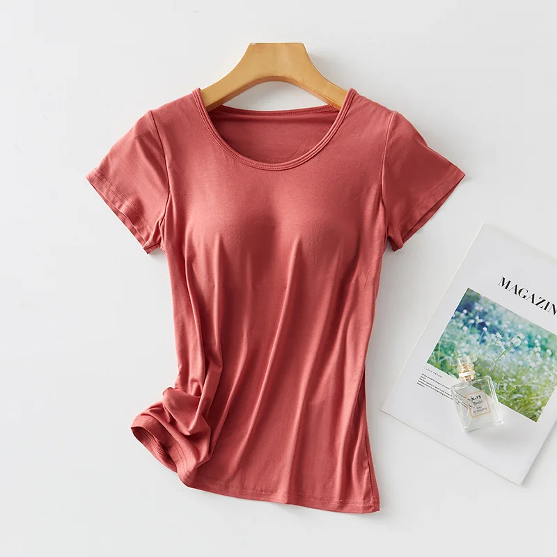 Bra Padded Basic T-shirt Women Modal Long Sleeve O Neck Solid Tee