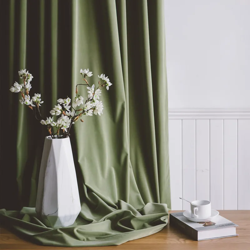 

Nordic Luxury Velvet Curtain Olive Green Window Curtain Solid Color Semi Shade Curtains for Bedroom and Living Room