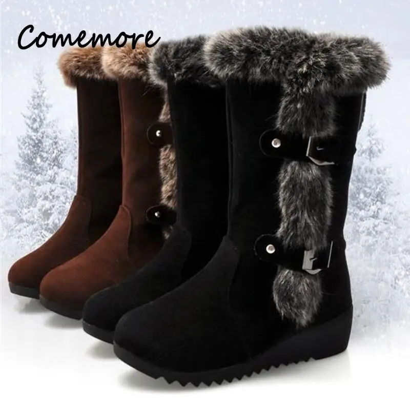 

Comemore Women Slip-On Round Toe Wedges Heels Snow Boots Plus Size 42 2023 New Winter Women Casual Warm Fur Mid-Calf Boot Shoes