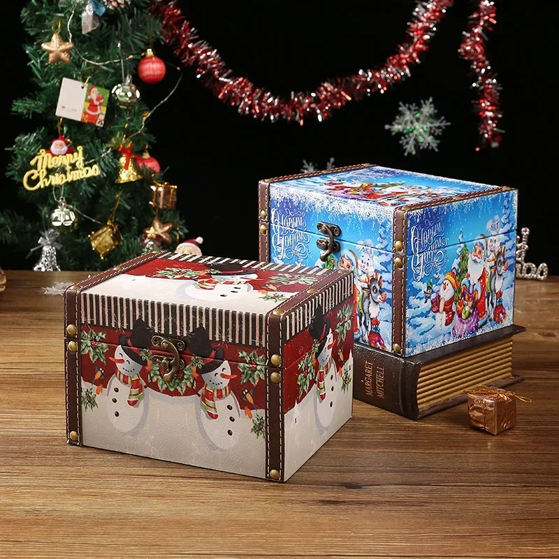 Christmas themed retro leather candy box, mini wooden jewelry box with lock, dust-proof storage for living room and bedroom