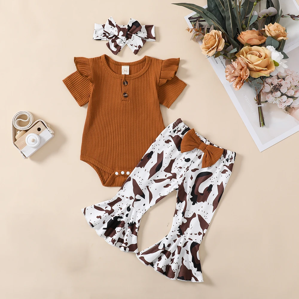

3Pcs Cotton Baby Girl Clothes Sets Infant Newborn Long Sleeve Tops Floral Print Pants Headband Solid Clothing Outfit 0 3-24M