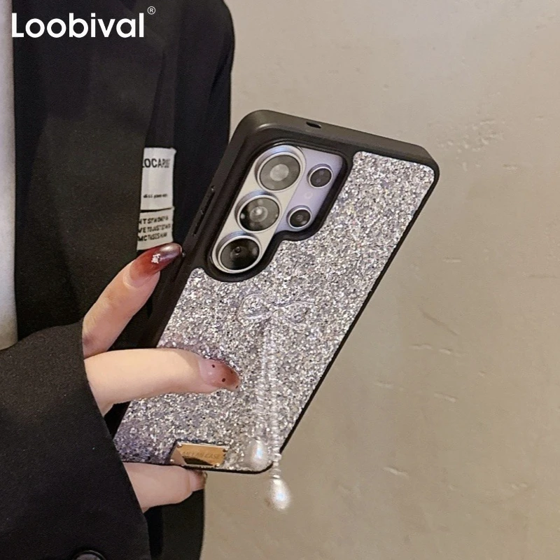 Elegant Diamond Bowknot Pearl Pendant Glitter Phone Case with Shockproof TPU Bumper