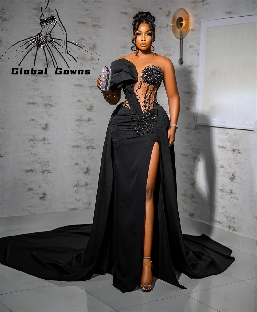 Sexy Black Lace Strapless Short Prom Dresses For Black Girls With Gloves  Mermaid Formal Occasion Dress Corset Birthday Gown - AliExpress
