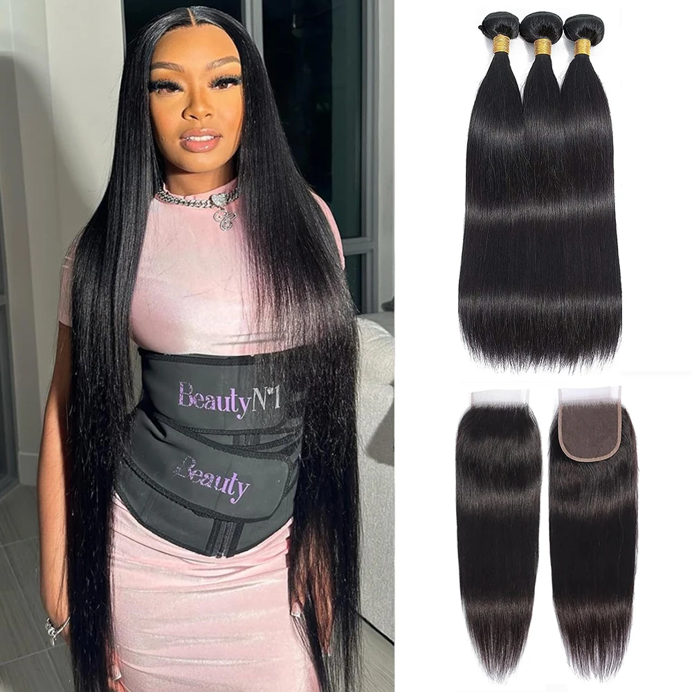 Straight Bundle With Closure Human Hair 3 Bundles With Lace Closure Brazilian Hair Weave Bundles Remy Extension Doublt Weft