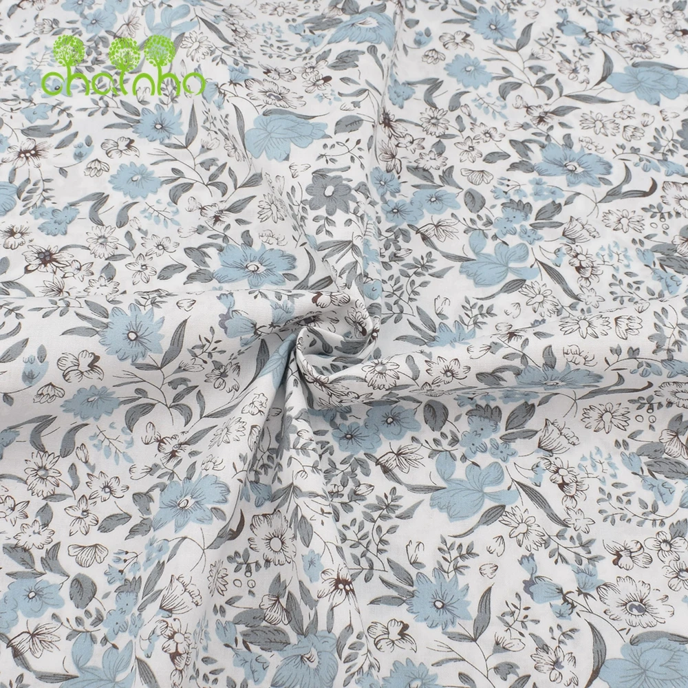 Chainho,Printed Plain Weave Poplin Cotton Fabric,Gray Floral Series,DIY Sewing Quilting Material,Patchwork Cloth,3 Sizes,15PC99