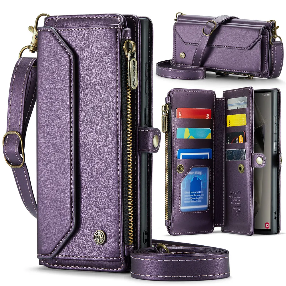 Leather Crossbody Wallet Case with Lanyard and Zipper Cover