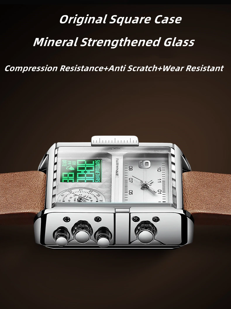 Mark Fairwhale Men's Top Luxury Brand Waterproof Watch Men's Quartz Analog Digital Watch Square Watch Trinity Design