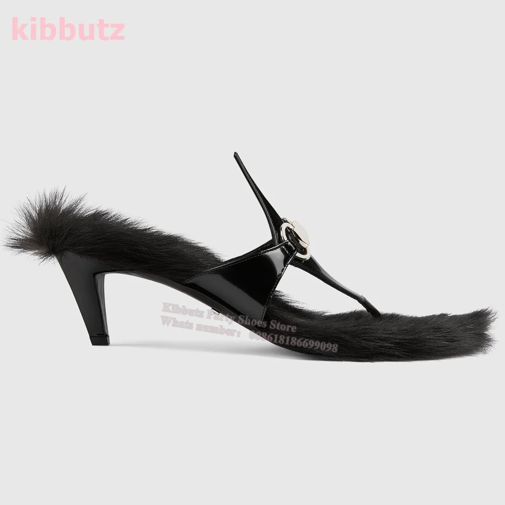 Fur Leather Slippers Round Toe Spike Heel Metal Decoration Mixed Color Warm Slip-On Fashion Elegant Sexy Shoe Runway Show Newest
