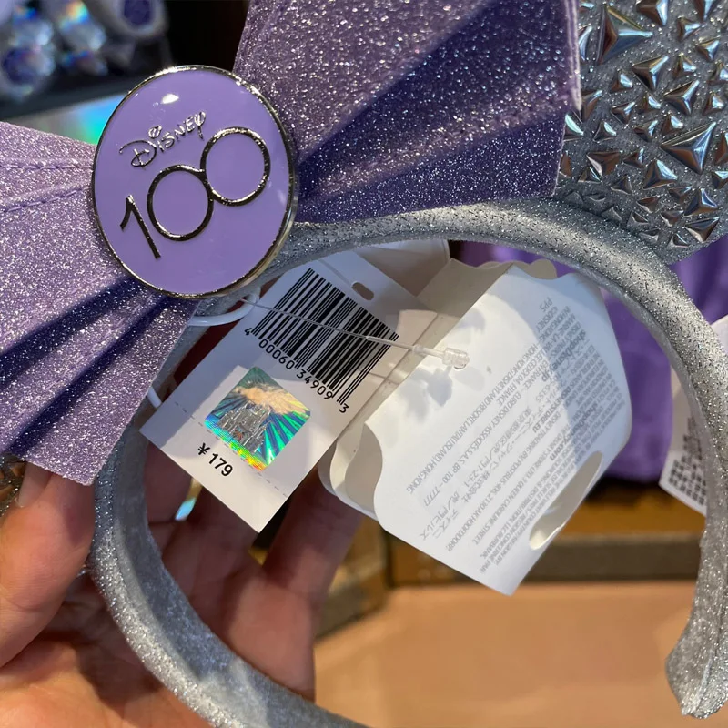 2023 Disney 100th Anniversary Hairband Headband Shanghai Disneyland Rivet Head Hoop Purple+Silver Mickey Minnie Ear Headdress