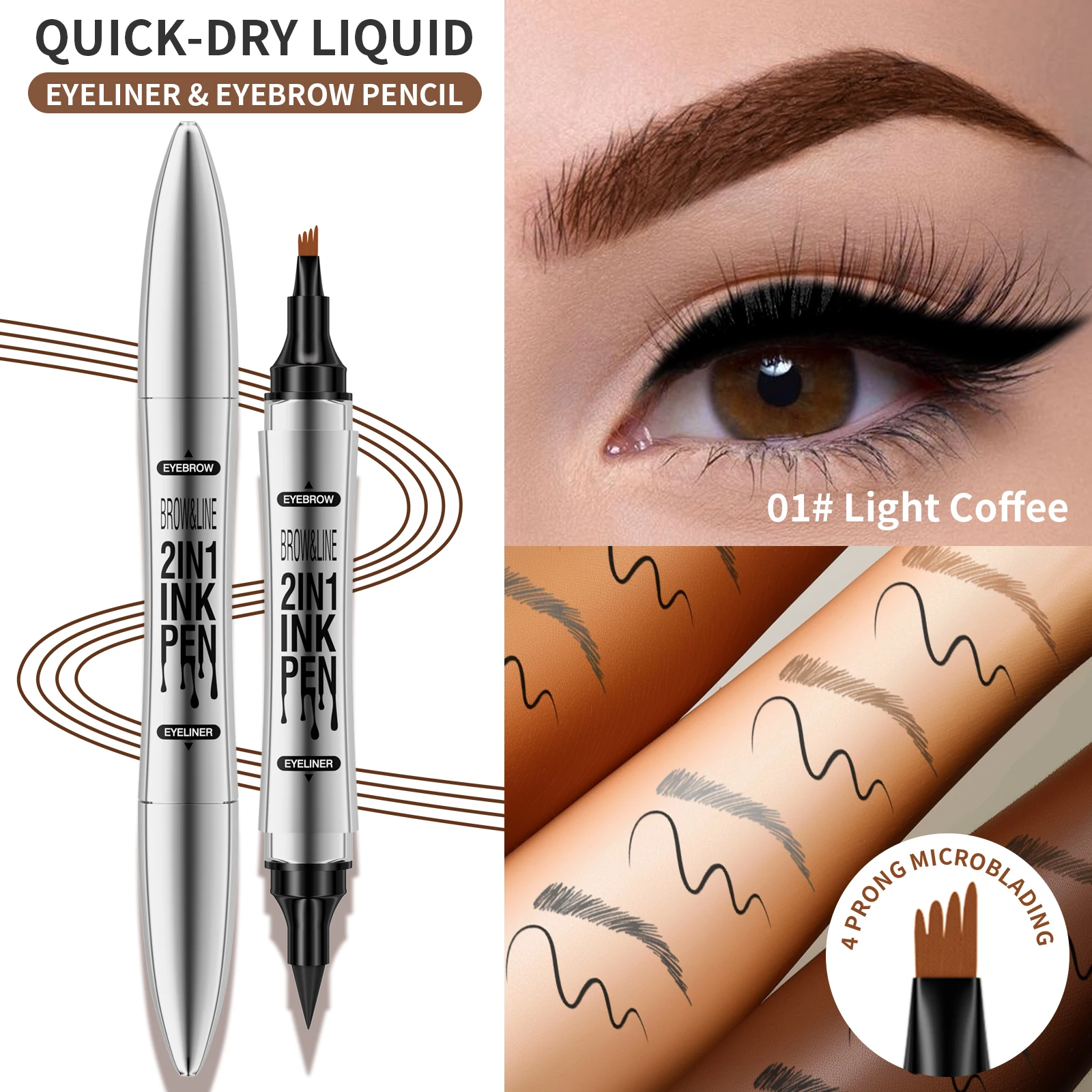 Waterproof Liquid Eyebrow Pencil 2 in 1 Curved Tip with Fork and Brush Head Long Lasting Smudge Proof Dimensional Eyebrow Makeup
