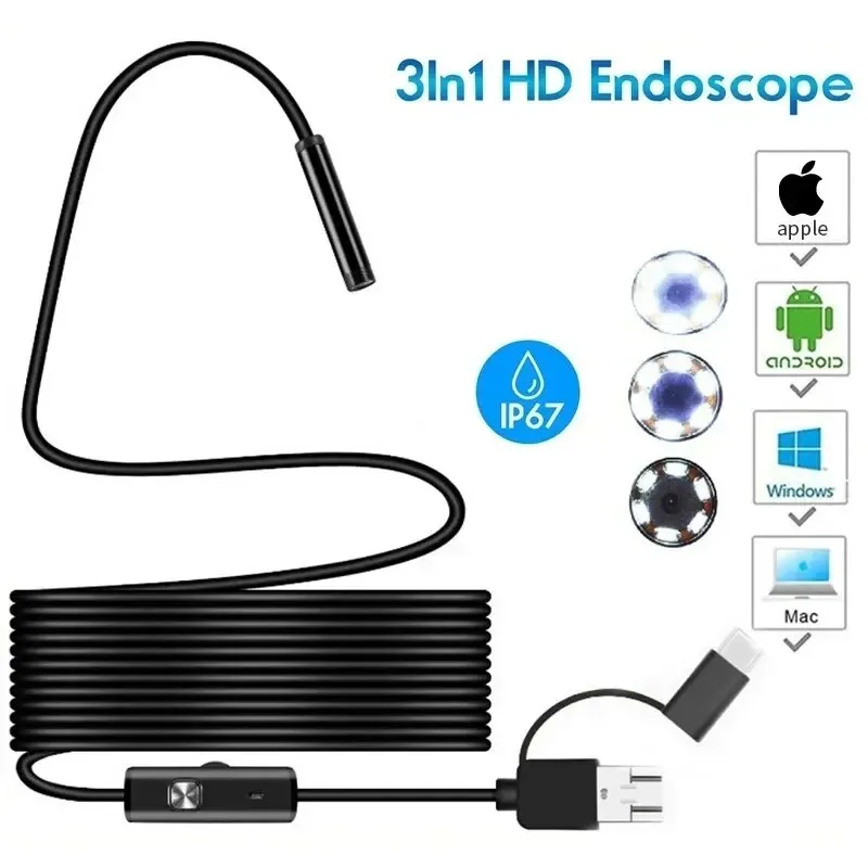 Inspection Camera Mini Endoscope Camera 1080P 3 In1 Endoscope Camera Sewer Industrial Piping Car Inspection Endoscopic 8Mm USB/Micro USB/Type-C Inspection Camera