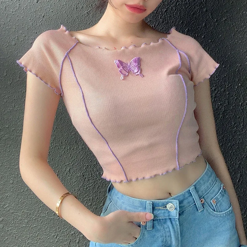 

2023 New Summer Sweet Butterfly Appliques Ruffles Hems Crop Tops Y2K Style O-neck Short Sleeve Pink T-shirts Fashion Tees