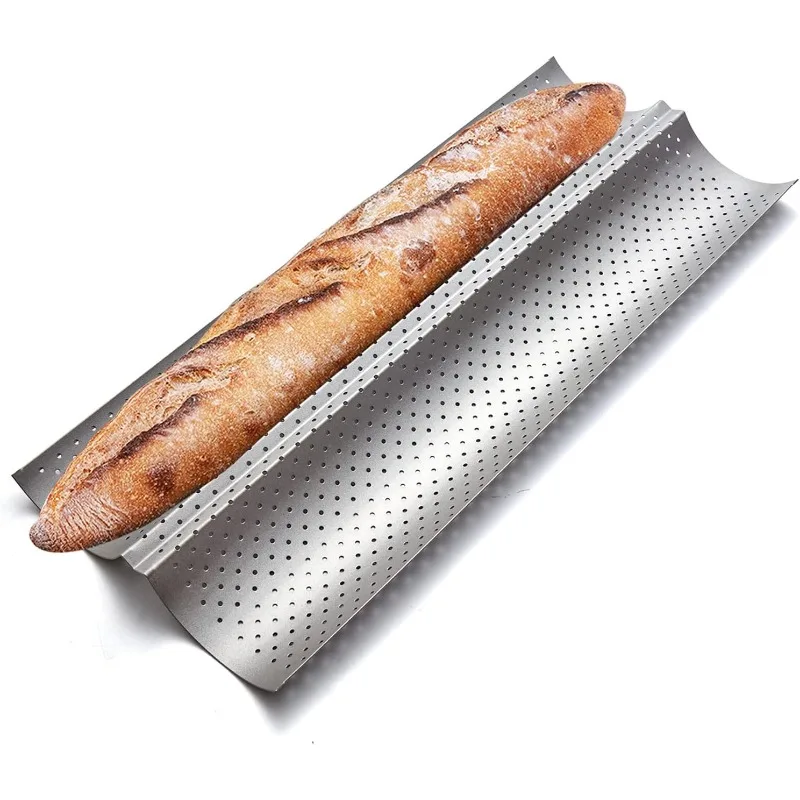 

Nonstick Baguette Pans for French Bread Baking, Perforated 2 Loaves Baguettes Bakery Tray, 15" x 6.3", Silver