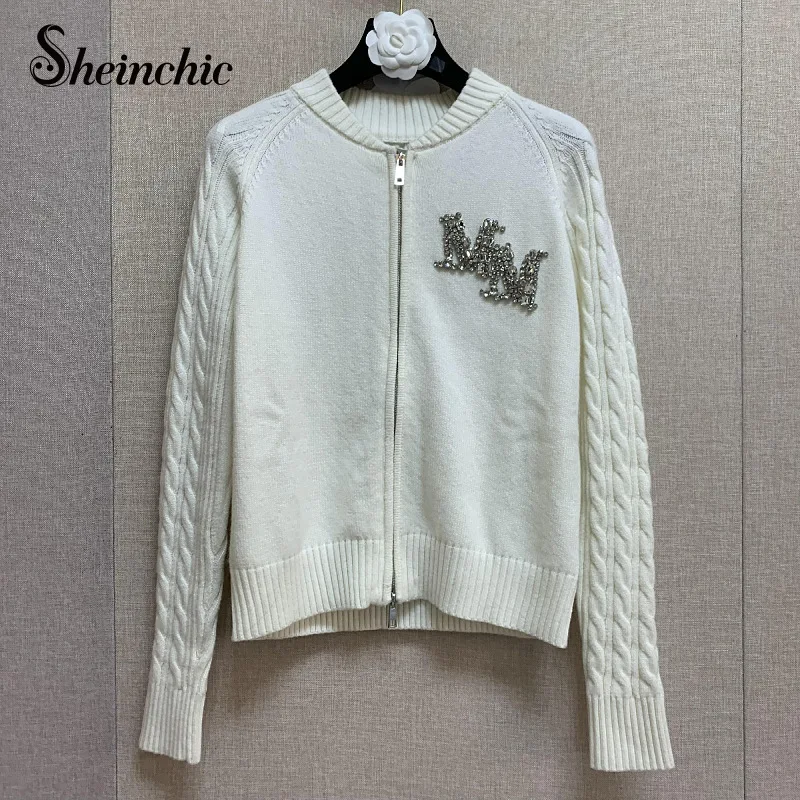 

100% Cashmere Sweater Women Luxury Diamonds Beaidng Long Sleeve Top Mujer 2023 White Khaki Cardigan Femme Y2k Clothing