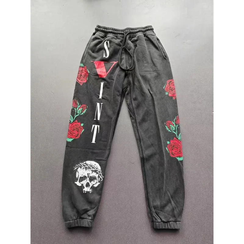 

Black Washed Saint Michael Cracked Skulls Rose Print Sweatpant Men Women High Quality Casual Loose Drawstring Jogger Trousers