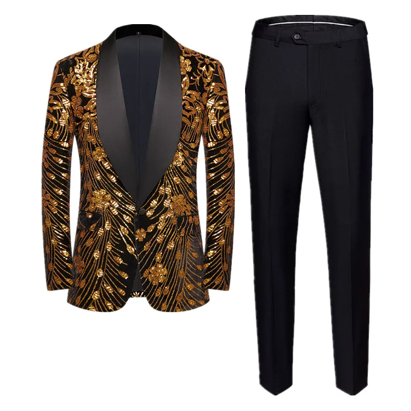 Mens Suit Fashion Men Sequin Suit Gold / Green Men Luxurious Wedding Dance Party Stage Perform Dress Male Blazer Trouser