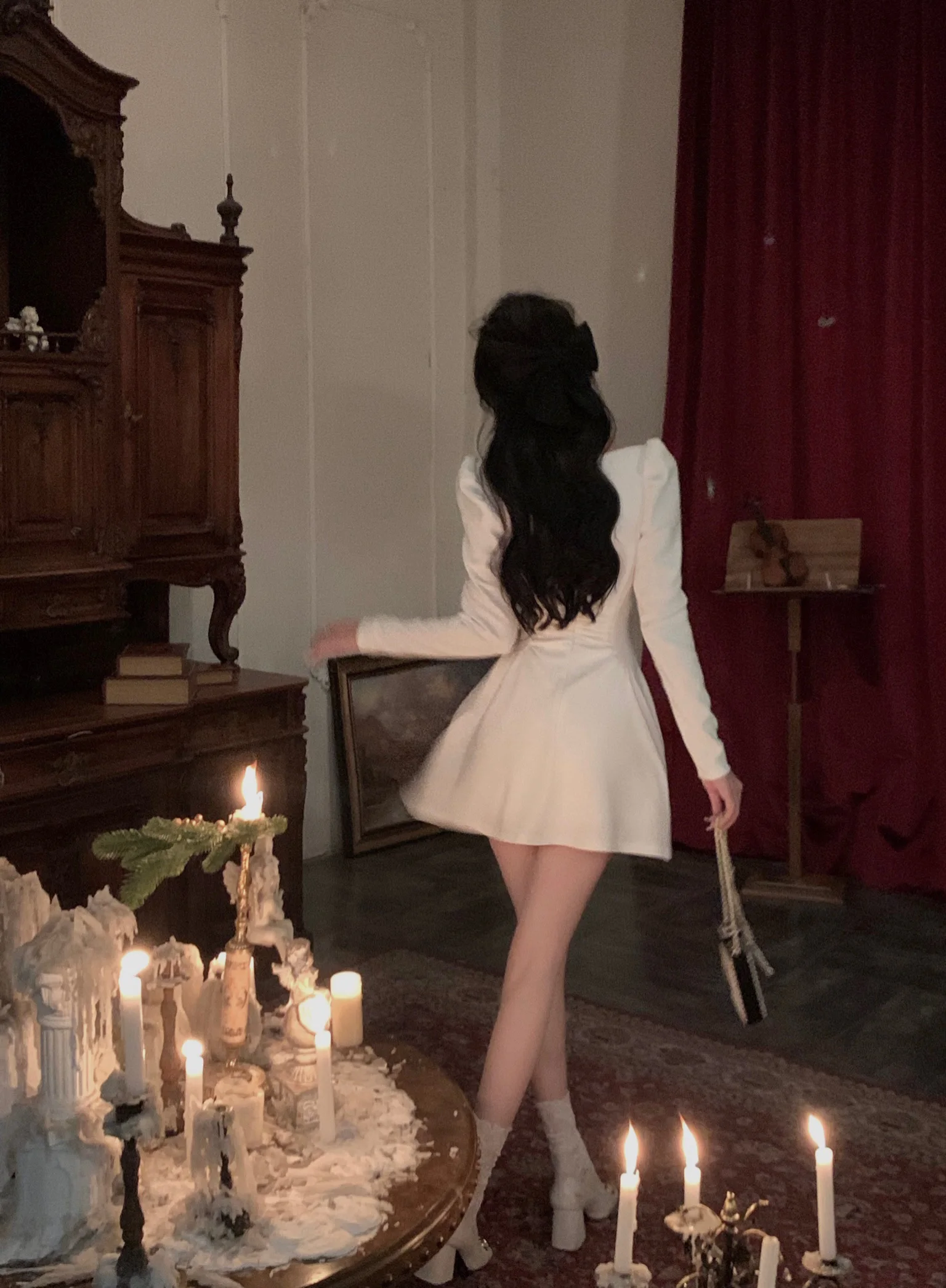 Spring New Elegant Square Collar Midi Party Dresses for Women Long Sleeve Black White Slim Vestidos Female High Waist Clothes