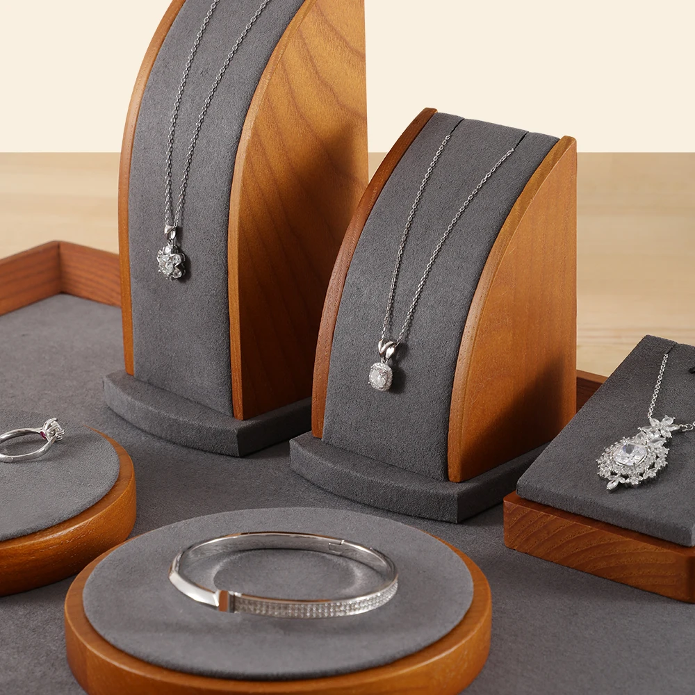 YinBeiNi 2Pcs/ Set Solid Wood Jewelry Display Stand Necklace Pendant Display Rack Counter with Microfiber Jewelry Display Props