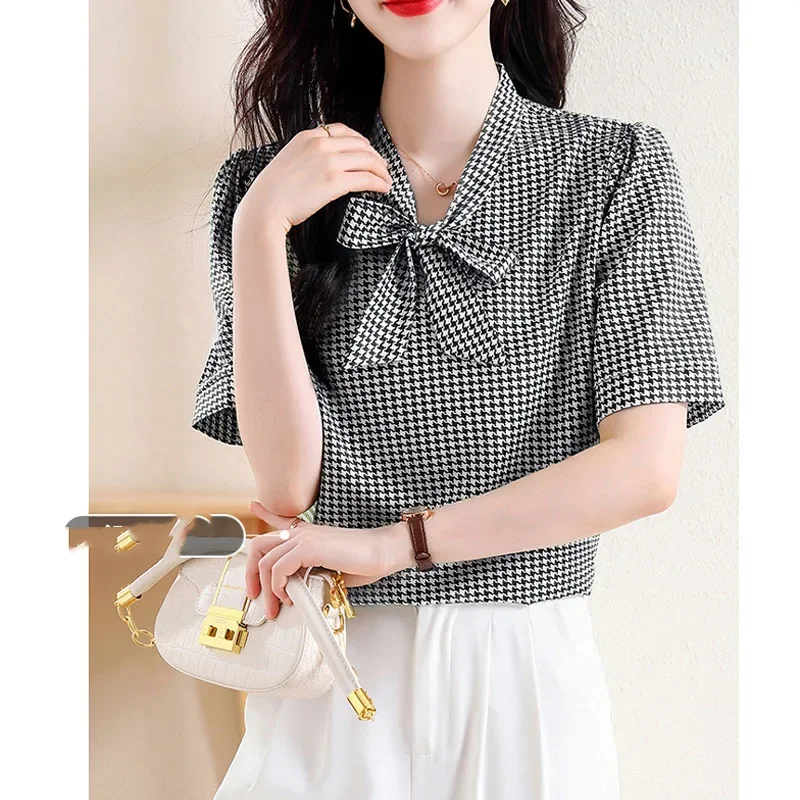 New Women's Summer Plaid Scarf Collar Bow Pullovers Fashion Elegant Slim Commuter Casual Versatile Short Sleeve Chiffon Tops