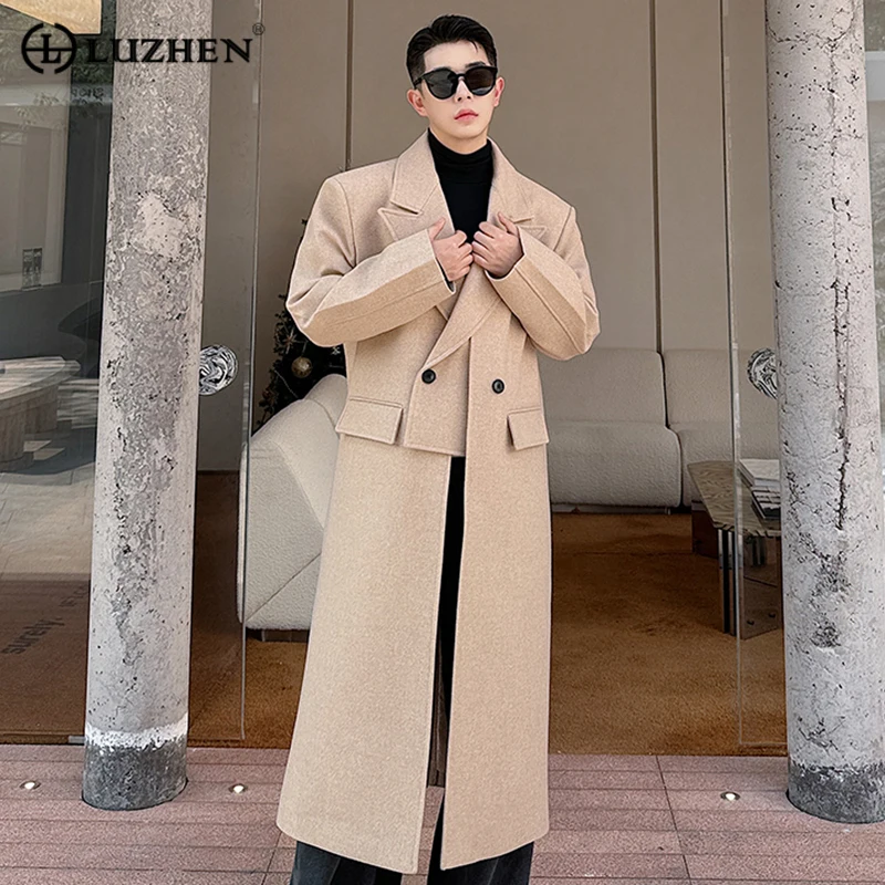

LUZHEN Autumn Winter Stylish Elegant Splicing Design Long Woolen Coat Trendy Trendy Fake Two Piece Overcoat Men New 2023 097c59