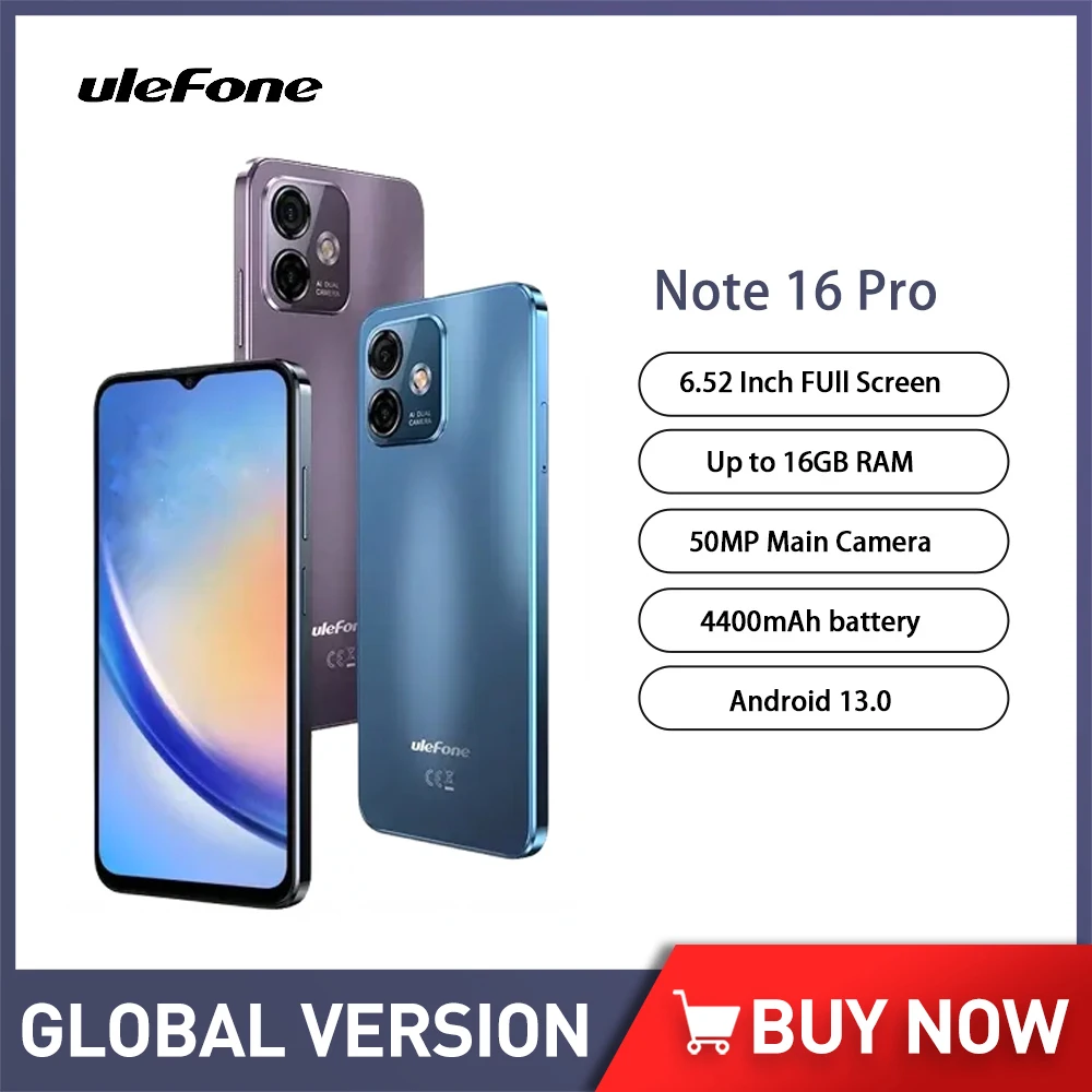 Смартфон Ulefone Note 16 Pro, 8 + 128/256/512 ГБ, Android 13, Unisoc T606, 6,52 дюйма, 50 МП, 4400 мА · ч, 4G, GPS