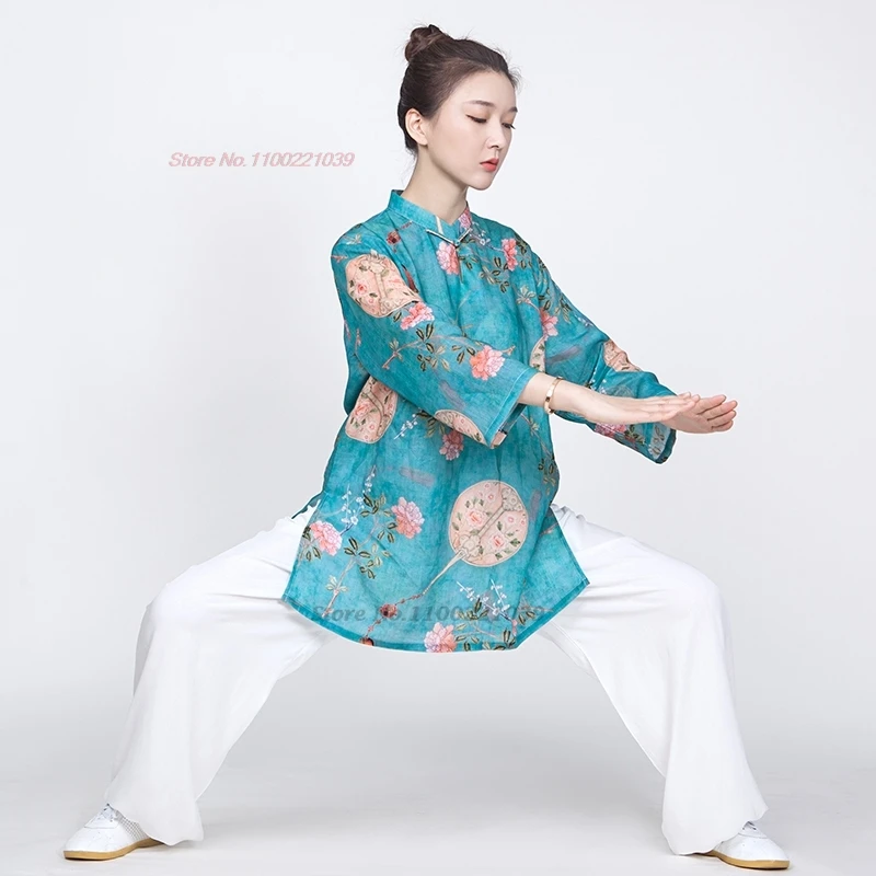 

2024 chinese kung fu tai chi martial arts clothes traditional taijiquan practice flower print cotton linen suit outdoor sports