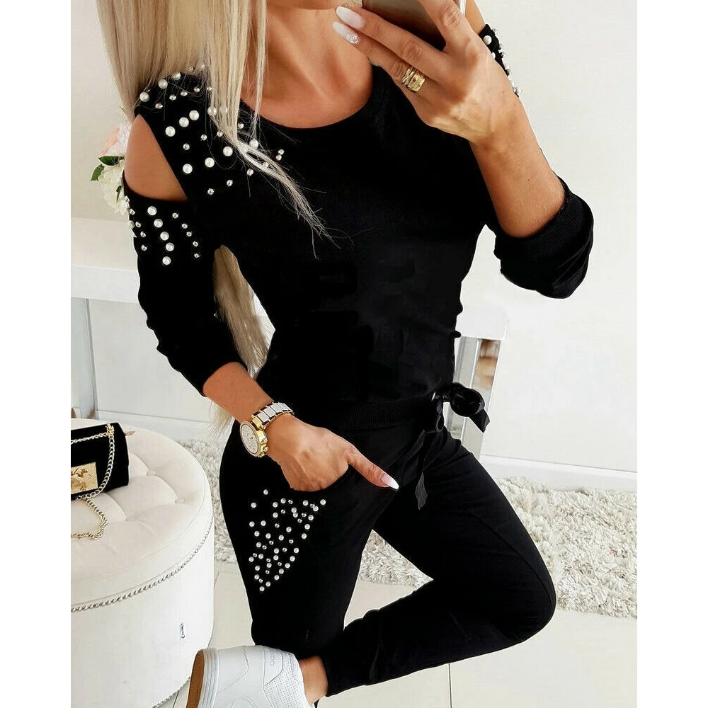 Women Beaded Decor Two-Piece Pants Set Cold Shoulder O-Neck Long Sleeve Top & Drawstring Pants Set Casual Femme Skinny Outfits