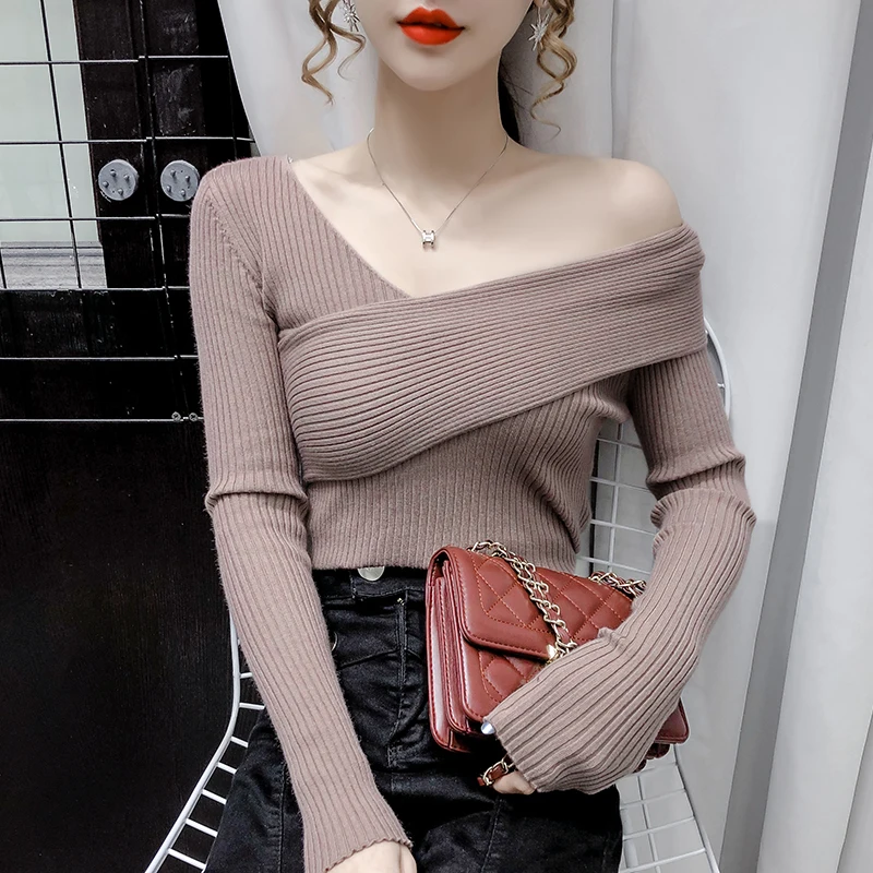 

New 2021 Autumn Winter V Neck Sweater Women Rib Knit Cross Beige Khaki or Black Sweaters and Pullovers Casual Ladies Tops Jumper