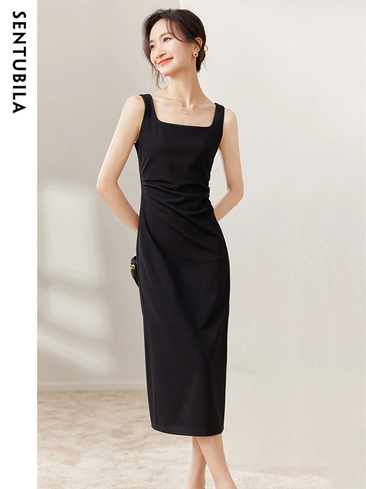 SENTUBILA Black Fitted Long Dress for Women 2024 Spring Summer Elegant Fashion Hepburn Style Square Neck Split Dresses 133L50329