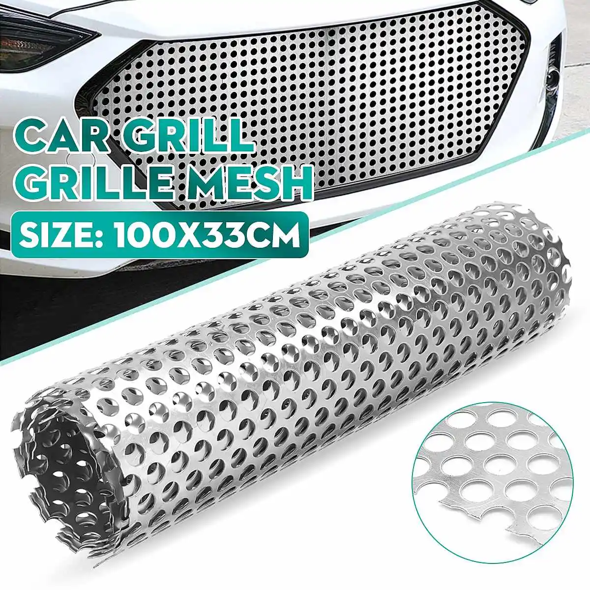 Silver Round Circle Hole Type Sumex Silver Aluminium 33 x 100cm Car Grill Grille Vent Mesh 