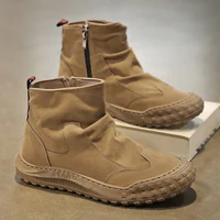 Men's Boots High Cut Workwear Shoes Fashion Flat Boots  Autumn New Zipper Pleated Non Slip Comfort Thick Soled Wear-resistant