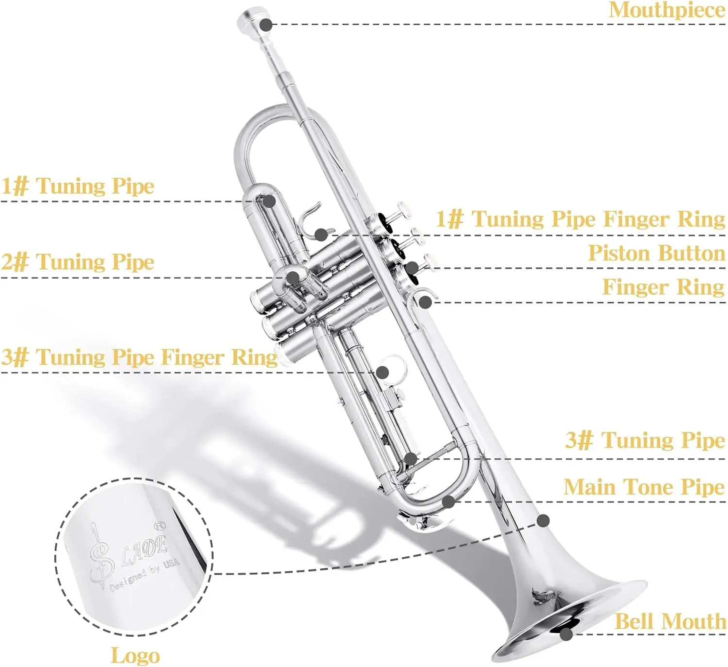 Description Picture 4 of itemSLADE Trumpet Brass Body Bb Trumpette Professional Musical Trompeta Wind Instrument with Case Mouthpiece Parts & Accessories