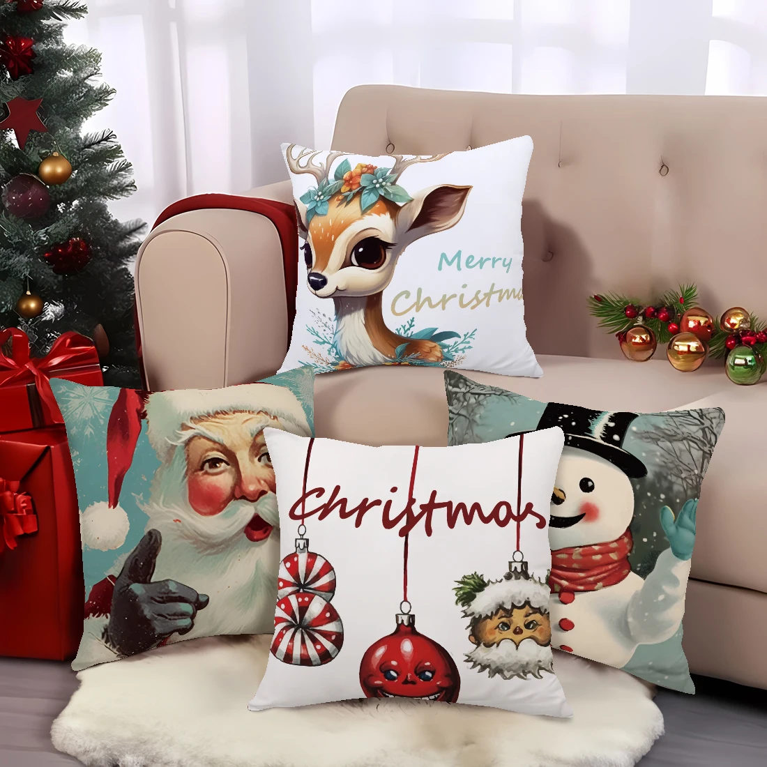 4PcsMerryChristmasDecorativePillowCover45x45cmThrowPillowcase