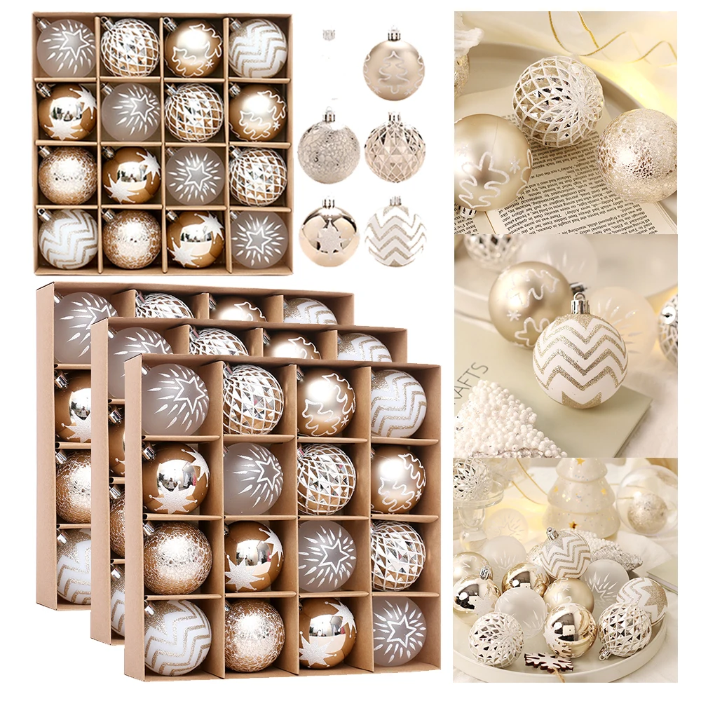 16 Elegant Champagne Gold And White Christmas Balls Ornaments  with Hanging Hoop Tree Home Decorations Christmas Ornament Weddin
