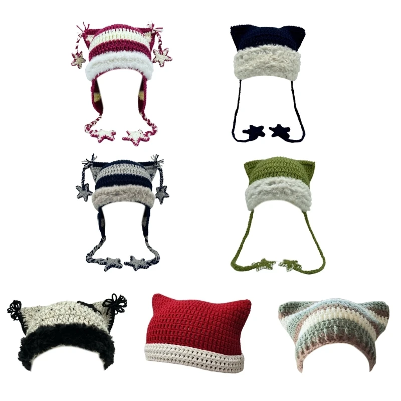 

2024 New Knitted Beanie Hat for Women Harajuku Star Pendant Earflap Hat Handmade Crochet Hat Y2K Sweet Winter Warm
