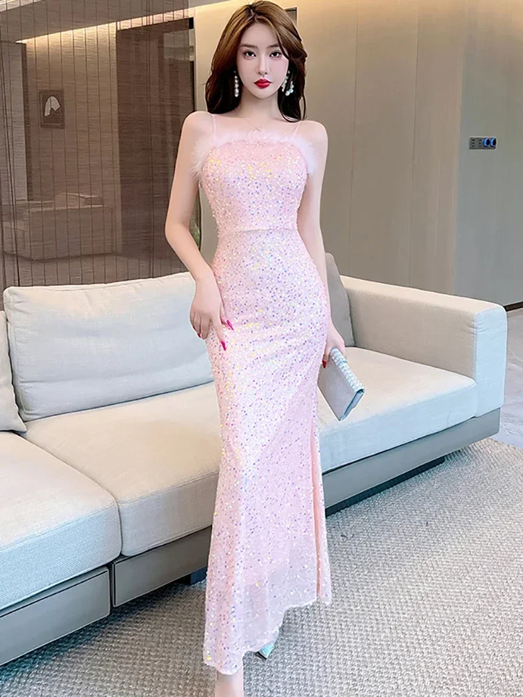 

Women Pink Sequins Luxury Evening Long Dress Gown 2023 Flocking Sling Sexy Dance Party Dress Autumn Winter Elegant Bodycon Robe