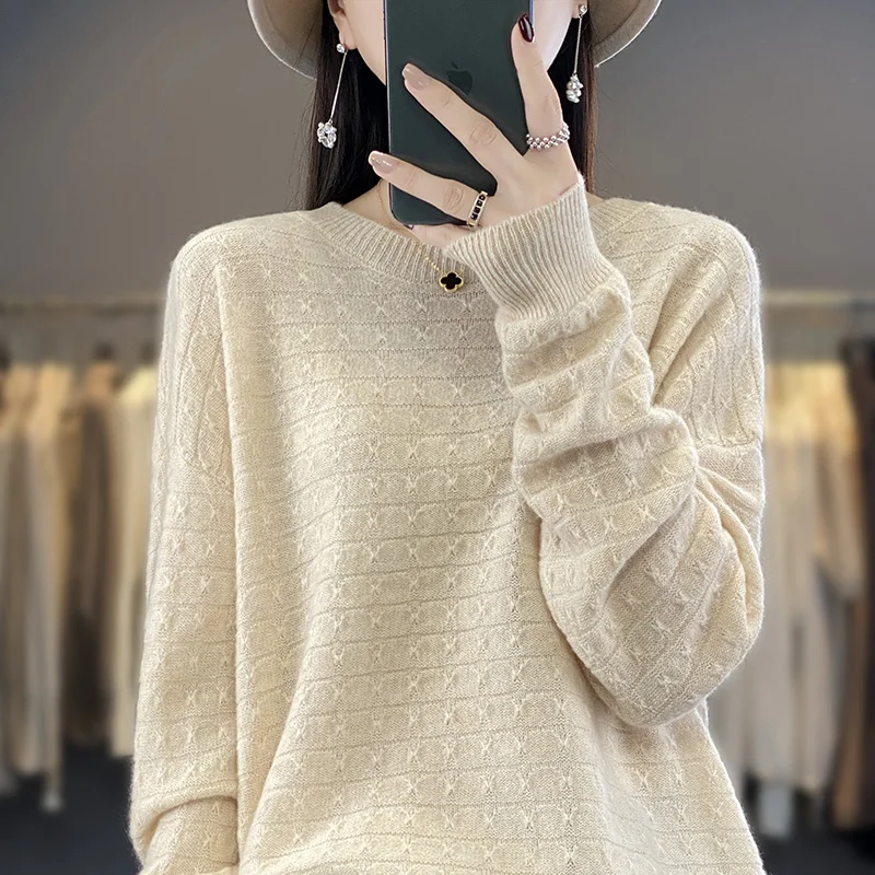 

2023S Autumn winter New Pure 100% Wool Sweater Ladies O-Neck Loose Pullover Fashion Jacquard Knit Women Wool Tops Base Shirt