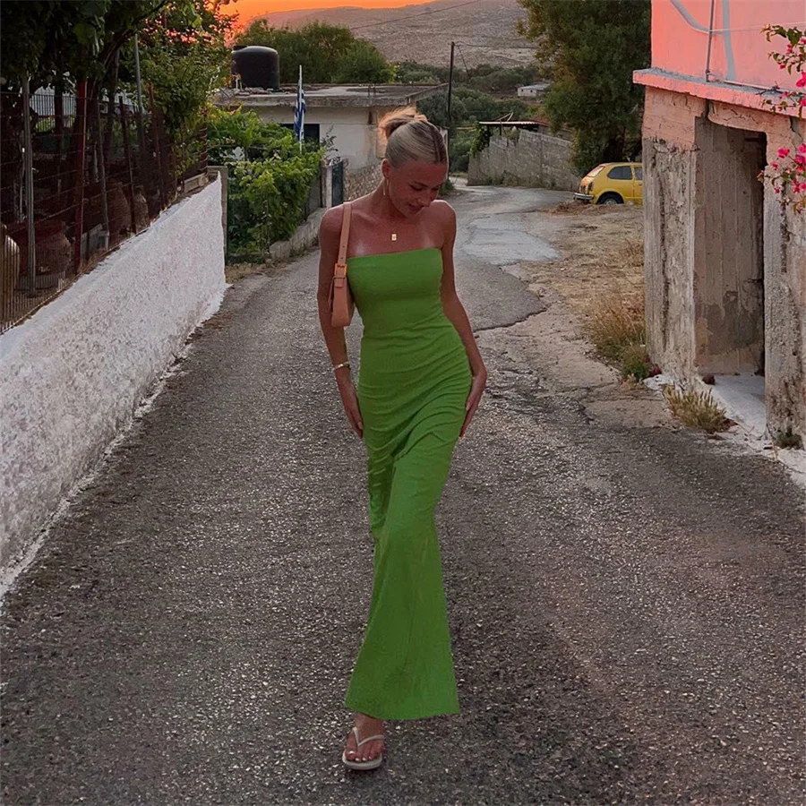 Puloru Green Off-Shoulder Strapless Long Dress for Holiday Beach Summer Casual Women Sleeveless Backless Split Tube Dresses