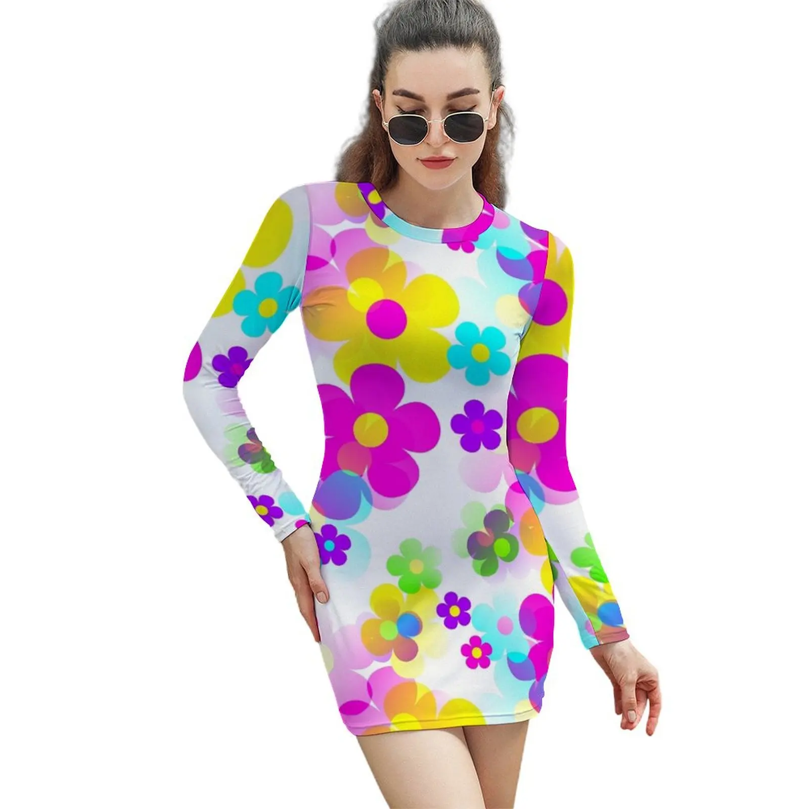 60's Retro Mod Small Flowers Multicolor Pop Art Long-Sleeved Sheath Dress cute dress
