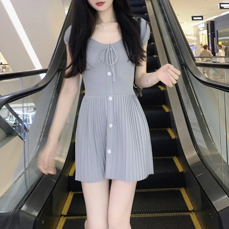 Sexy Knitted Dresses for Women V-neck A-Line Pleated Mini Dress Korean Fashion Solid Autumn Knitting One Piece Vestido Mujer New