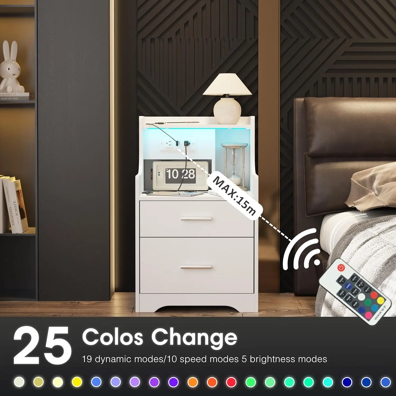 Nightstand with Charging Station & LED Lights, White Nightstand with 2 Drawers and Open Storage, Bed Side Table Night St